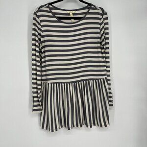 Matilda Jane Let's Connect Tee Gray Cream Striped Long Sleeve Peplum Top Size Sm